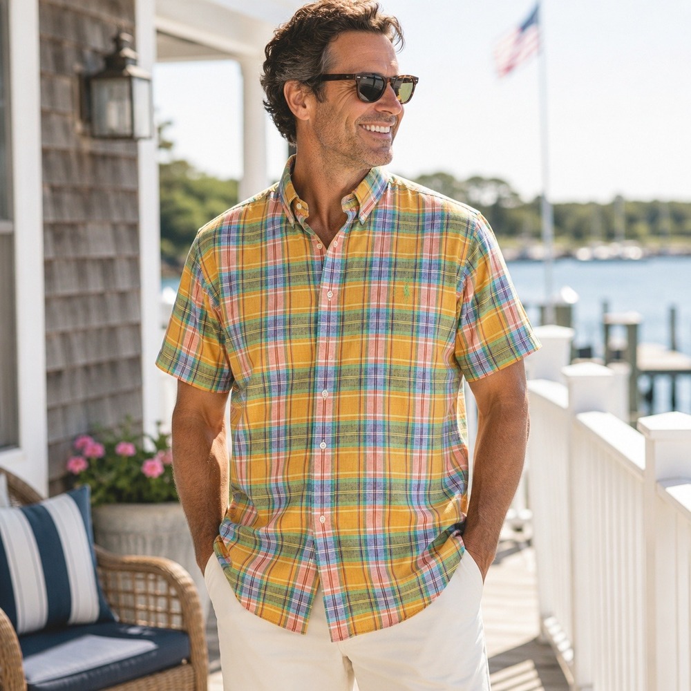 Ralph Lauren Madras Plaid Button Down Shirt Classic Fit Short Sleeve Men's L